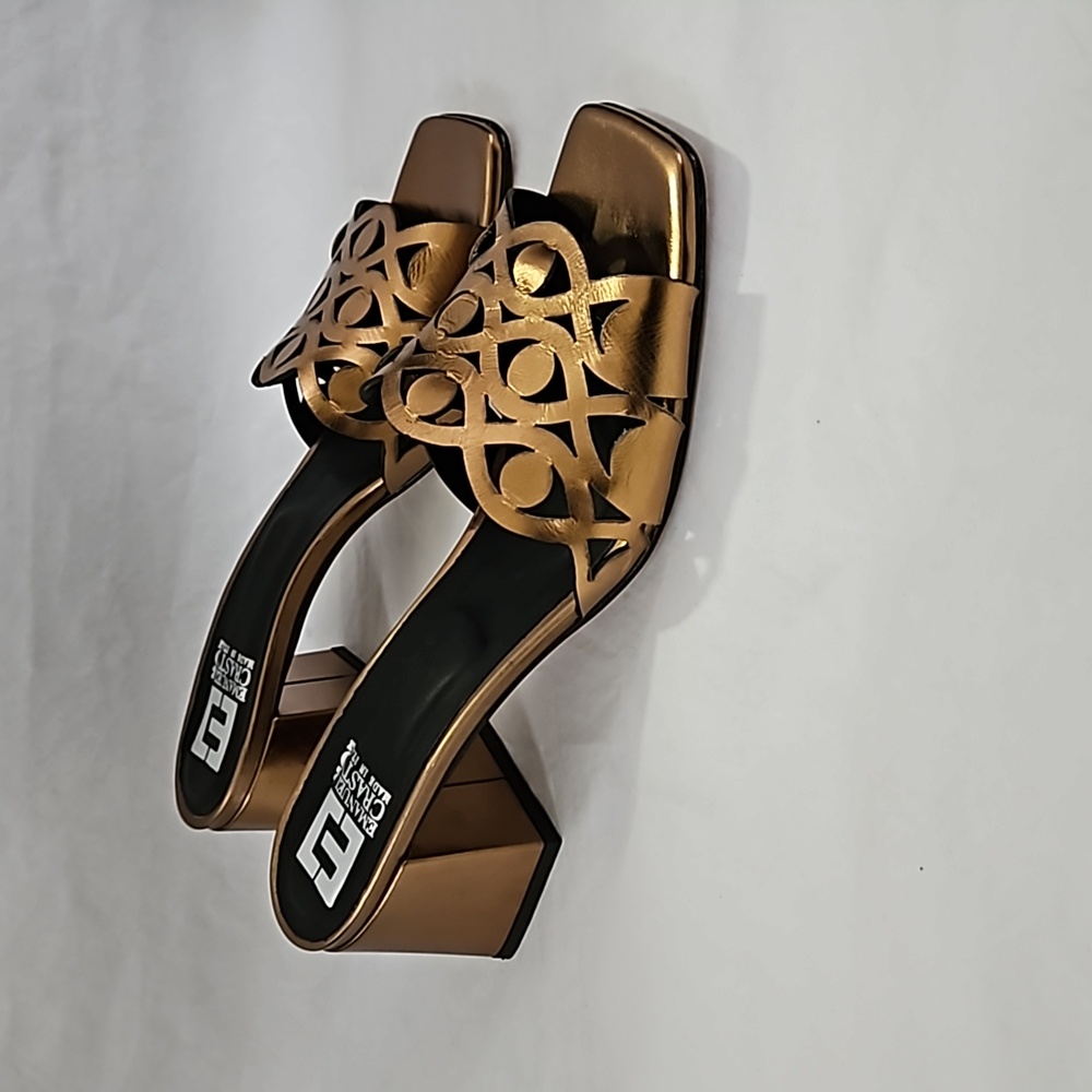 New EMANUELE CRASTO Laser Cut Heel Bronze Leather Sandal Mules Size 40